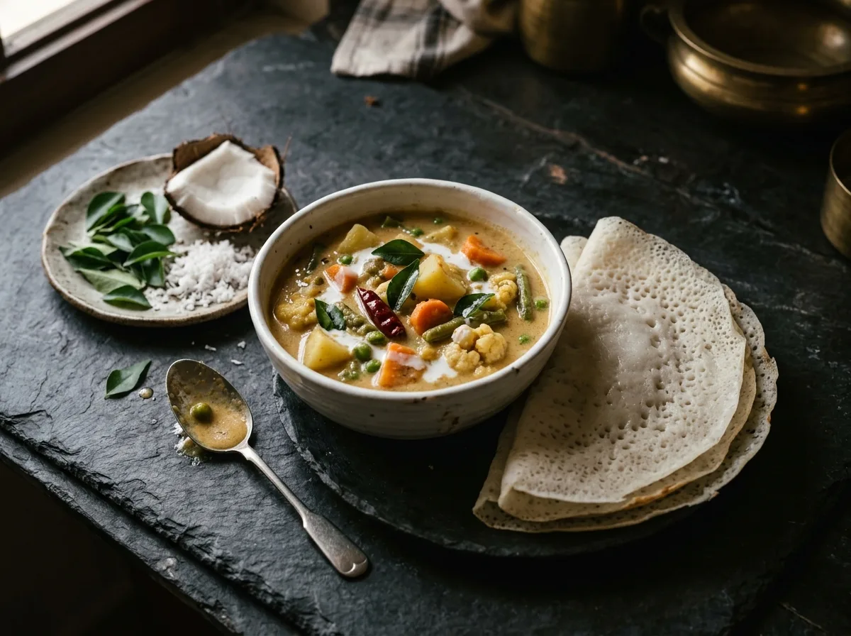 Lace-edged appam with coconut stew