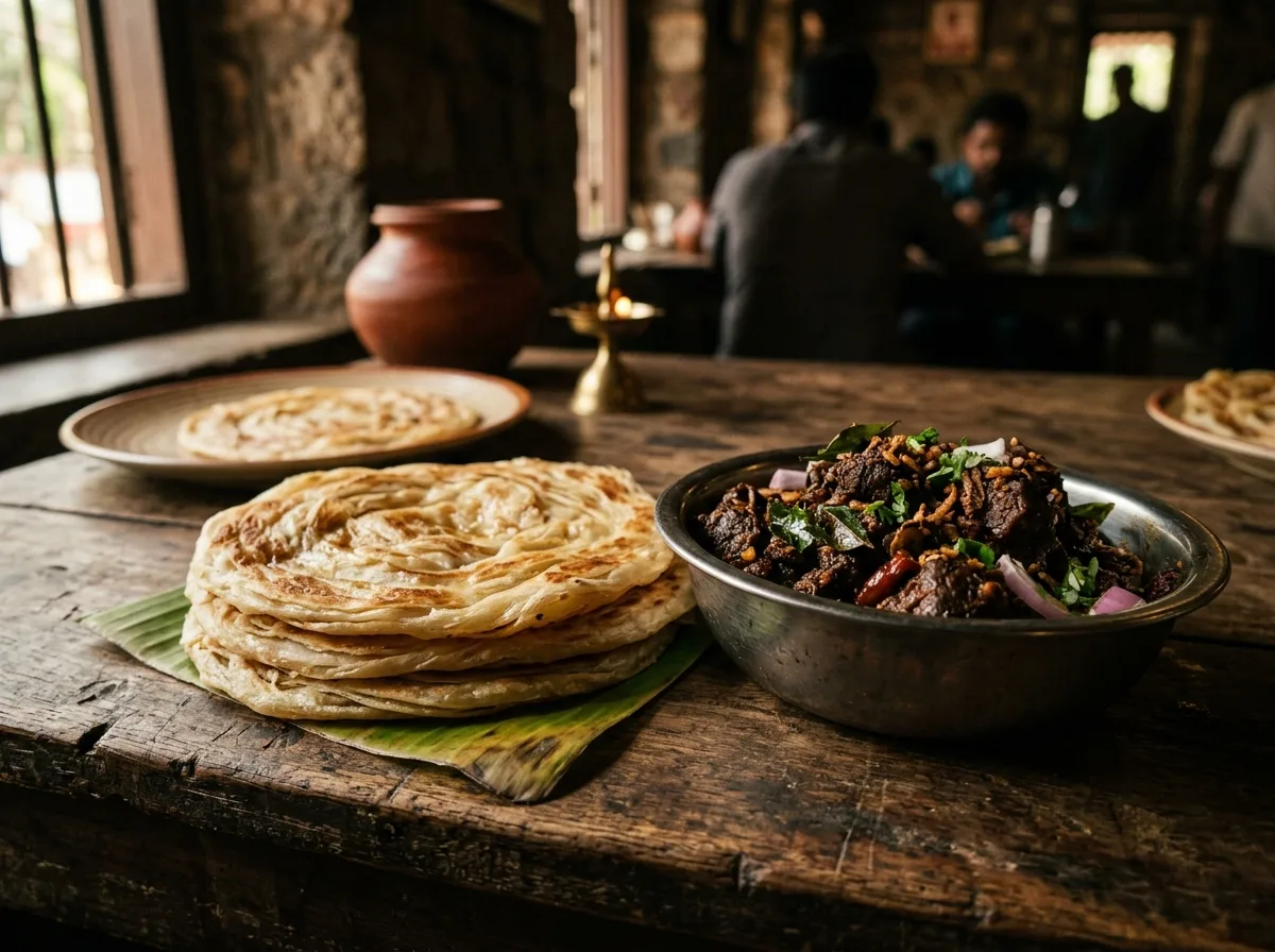 Flaky Malabar parotta with beef fry