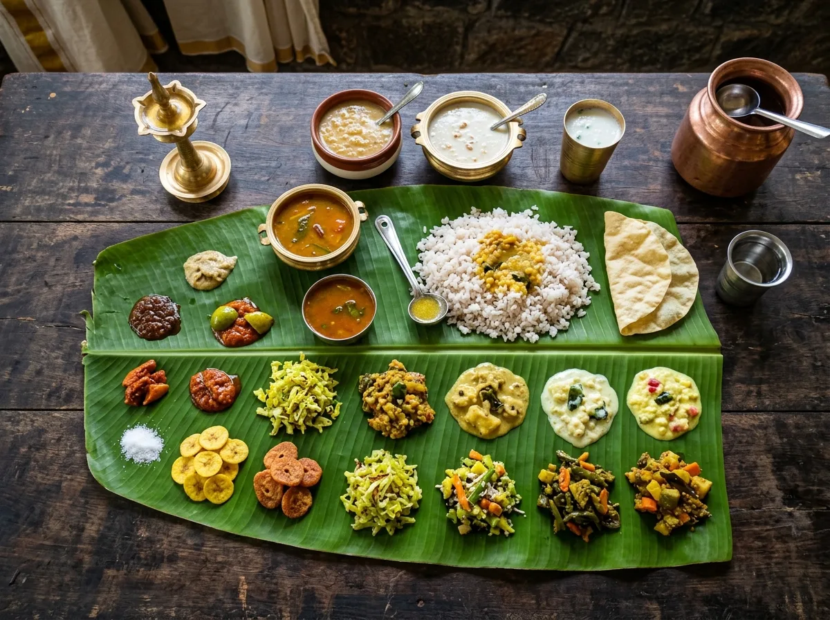 Kerala sadya laid out on a banana leaf