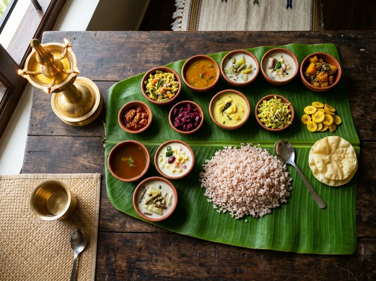 Onam sadya served on a banana leaf at Kalavara