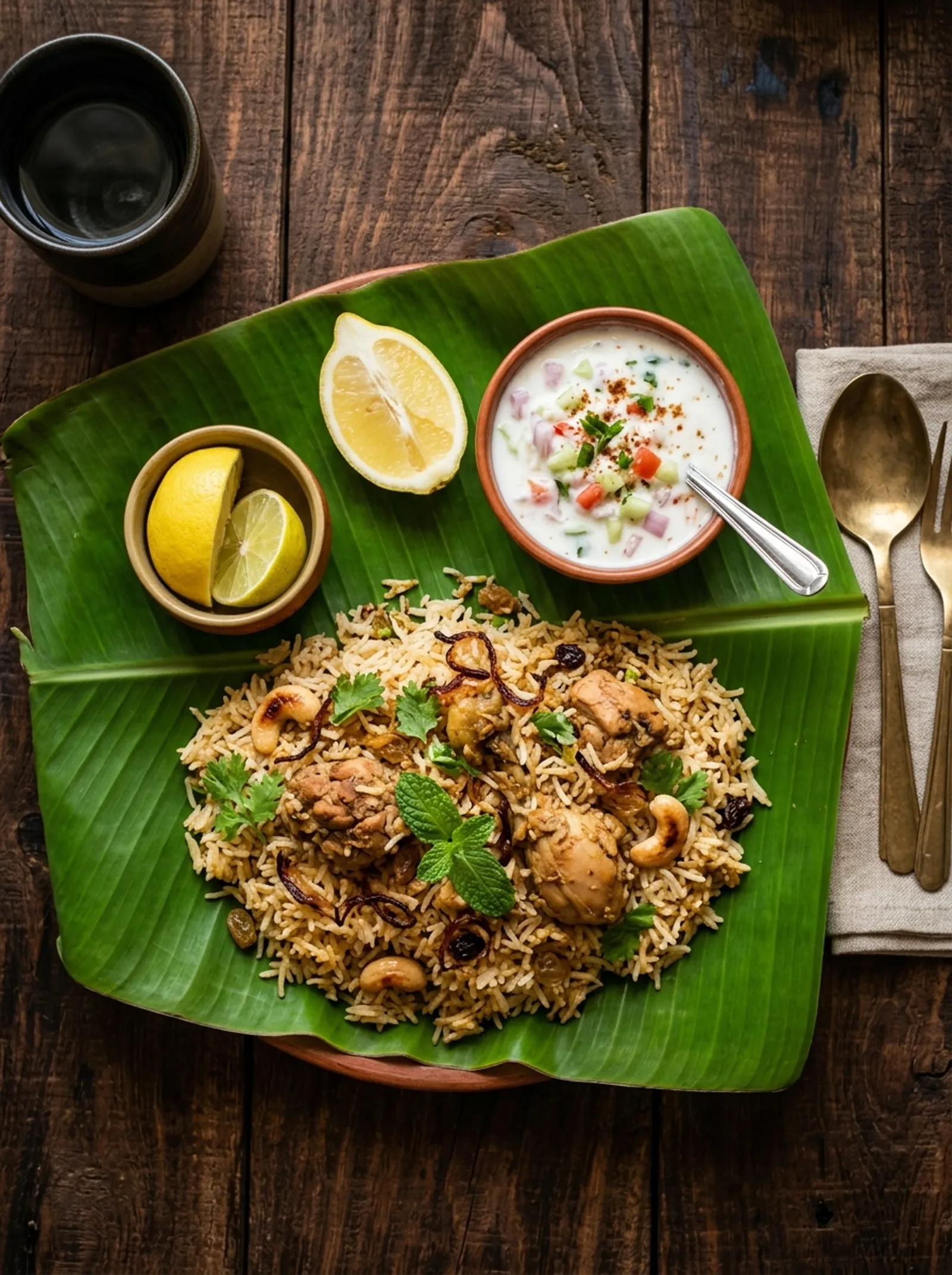 Biryani served on a banana leaf with raita and lemon